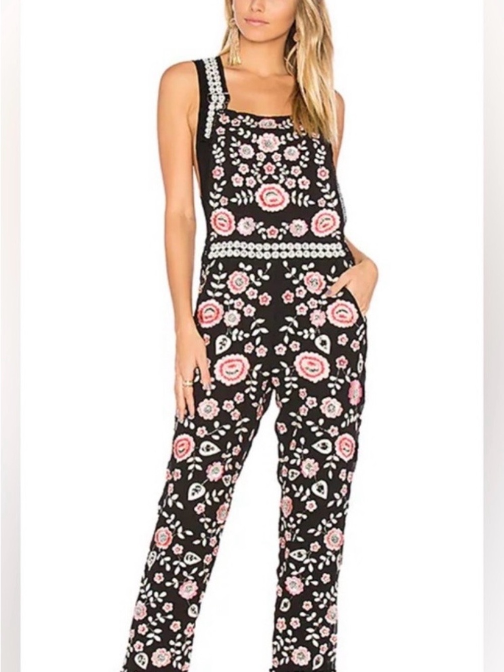 Needle & Thread Black Jumpsuit with Pink and White Floral Embroidery